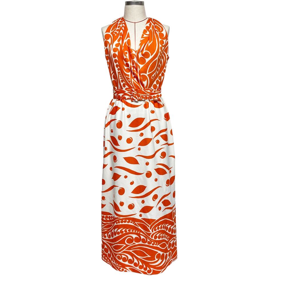 Vintage Womens 70s Orange Printed V Neck Belted Maxi Dress